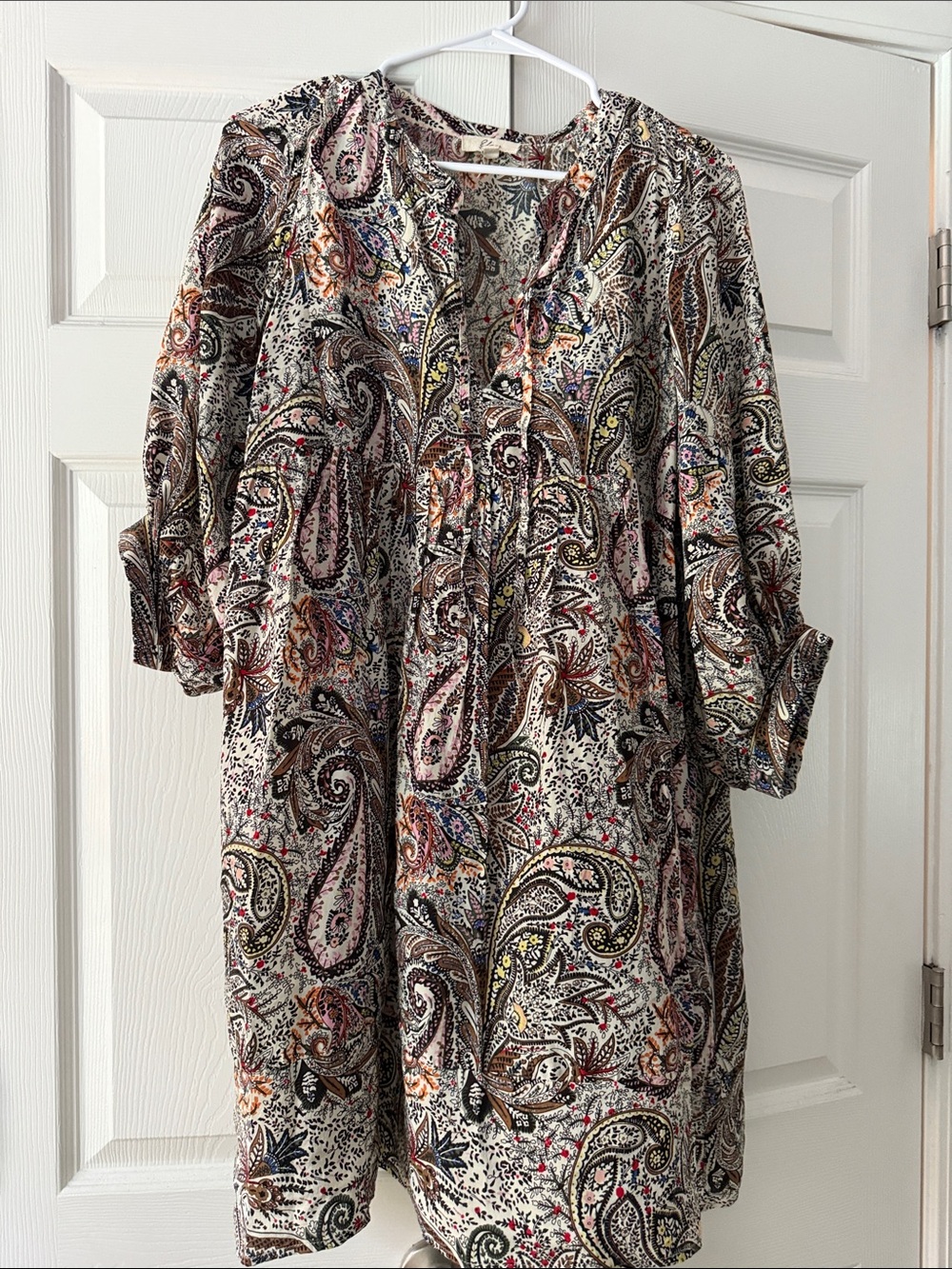 Elan Paisley Tunic Dress in Cream, Brown, Pink and Blue